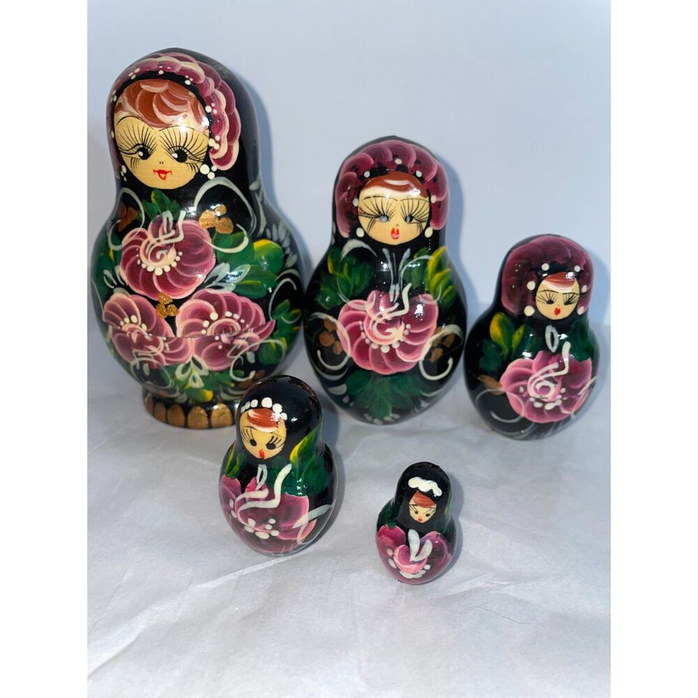 Signed Black Lacquer Russian Nesting Dolls Zhostovo Floral Matryoshka 5 Pc Set